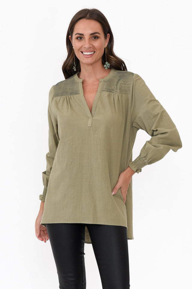 April Khaki Cotton V Neck Top