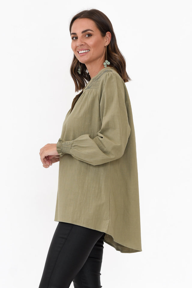 April Khaki Cotton V Neck Top