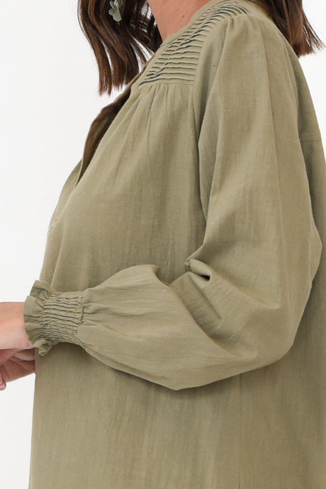 April Khaki Cotton V Neck Top