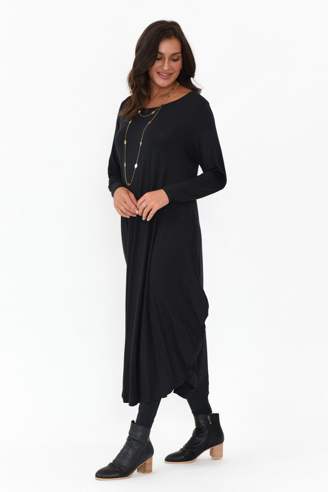 Black Long Sleeved Micro Modal Drape Dress