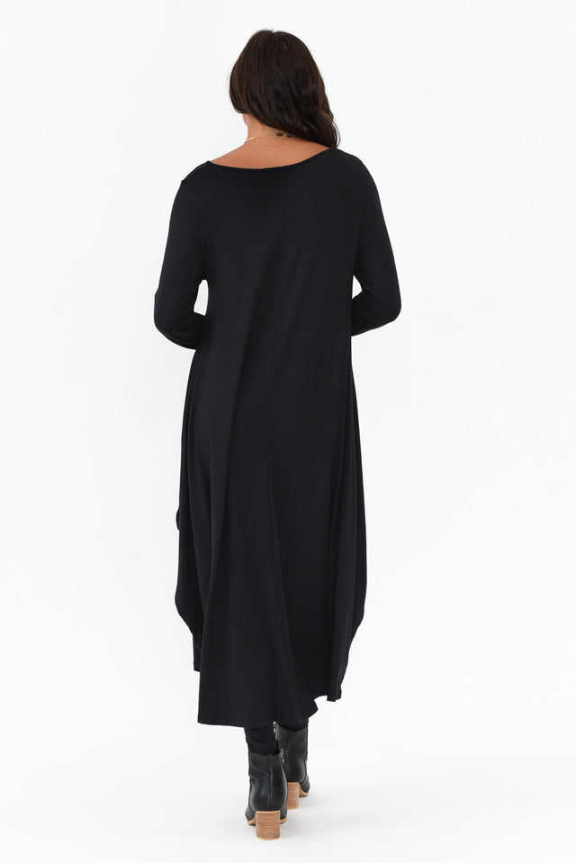 Black Long Sleeved Micro Modal Drape Dress
