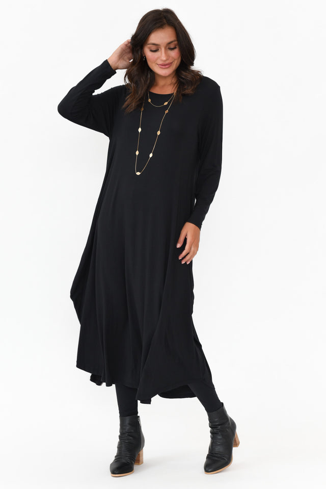 Black Long Sleeved Micro Modal Drape Dress image 1