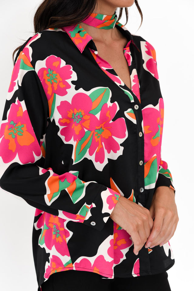 Brielle Black Flower Collared Shirt