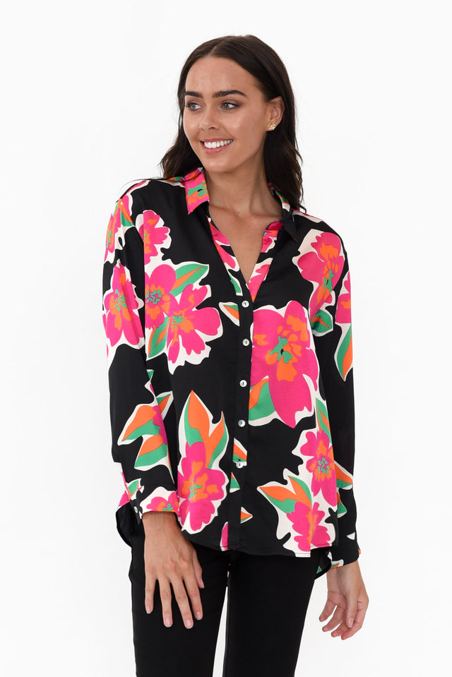 Brielle Black Flower Collared Shirt