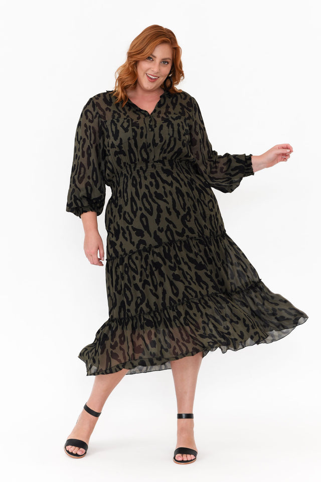 Darby Khaki Animal Tier Midi Dress image 5