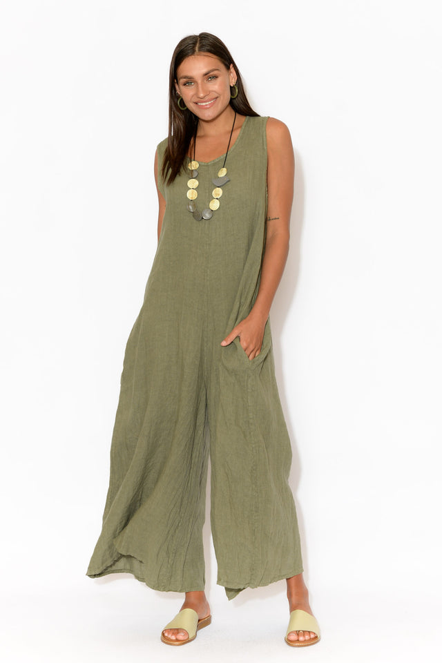 Fay Khaki Linen Jumpsuit