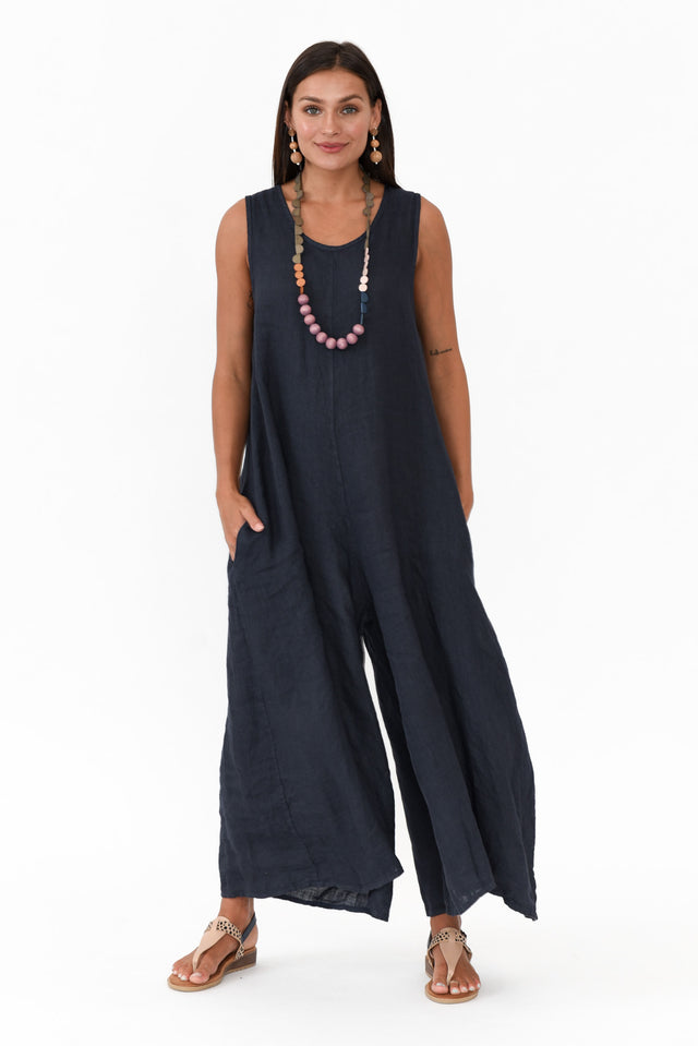 Fay Navy Linen Jumpsuit   alt text|model:Brontie;wearing:S