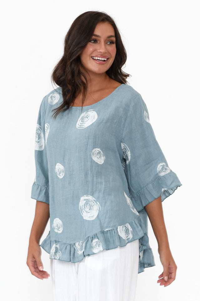 Fitzgerald Blue Spot Linen Frill Top