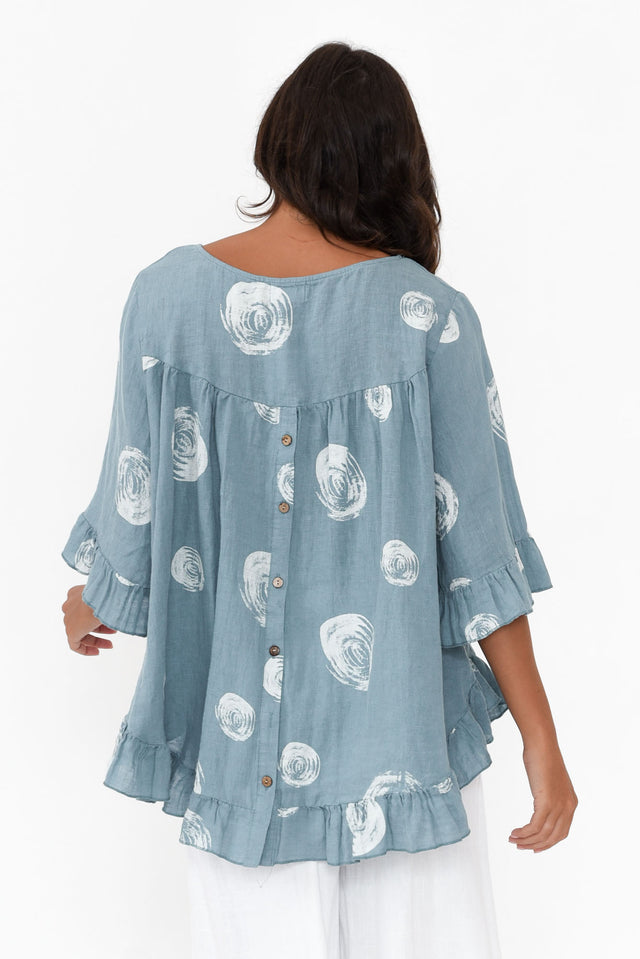Fitzgerald Blue Spot Linen Frill Top