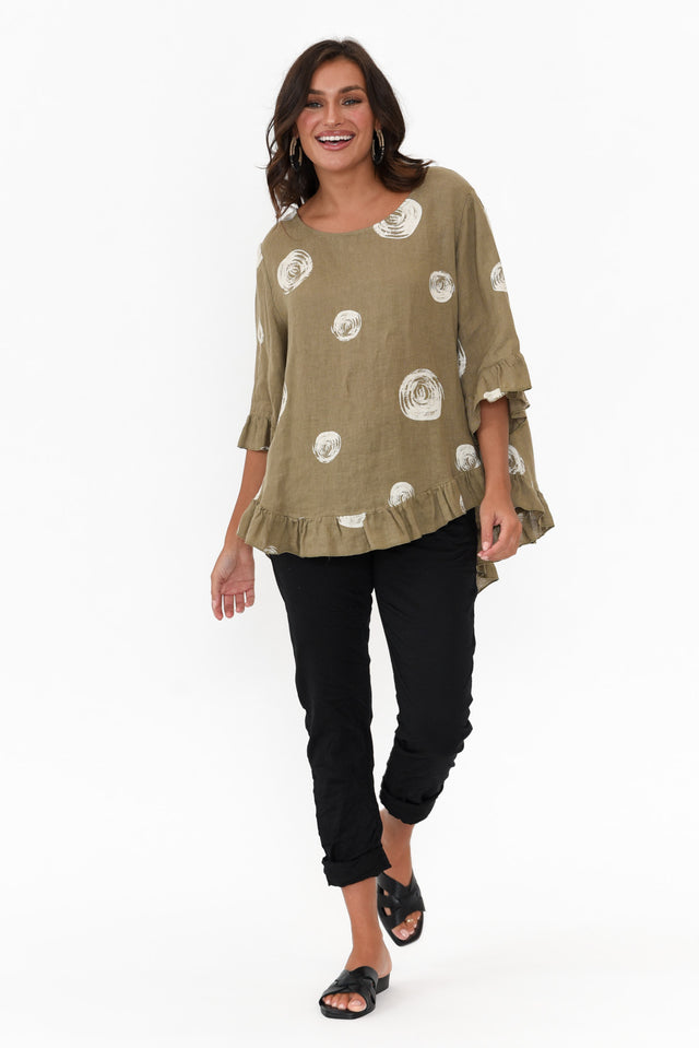 Fitzgerald Khaki Spot Linen Frill Top