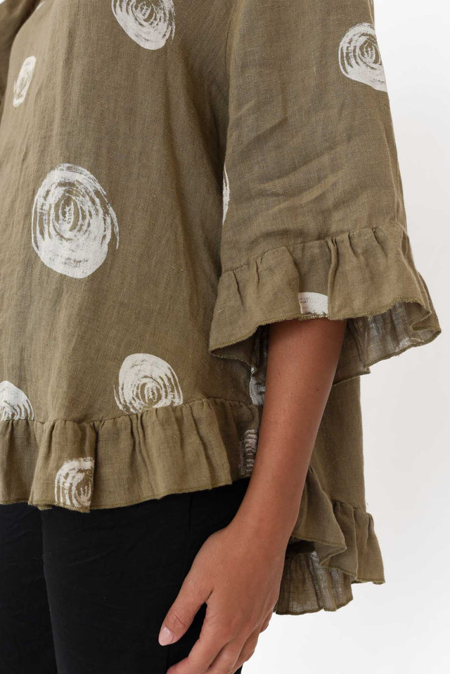 Fitzgerald Khaki Spot Linen Frill Top