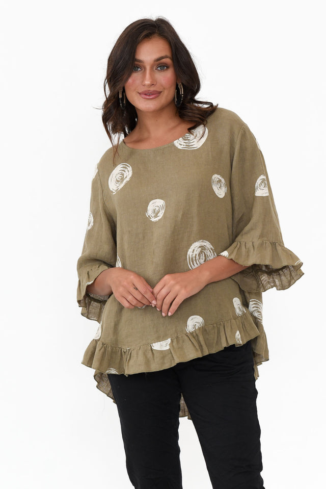 Fitzgerald Khaki Spot Linen Frill Top