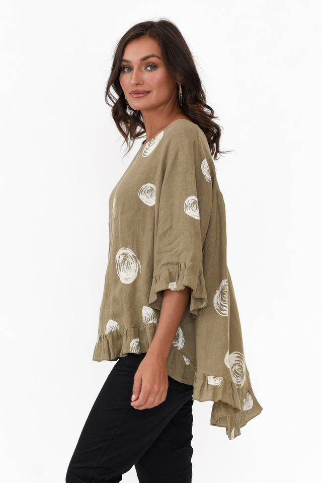 Fitzgerald Khaki Spot Linen Frill Top