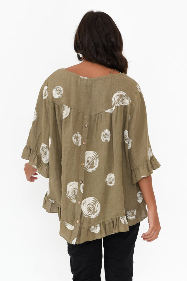 Fitzgerald Khaki Spot Linen Frill Top