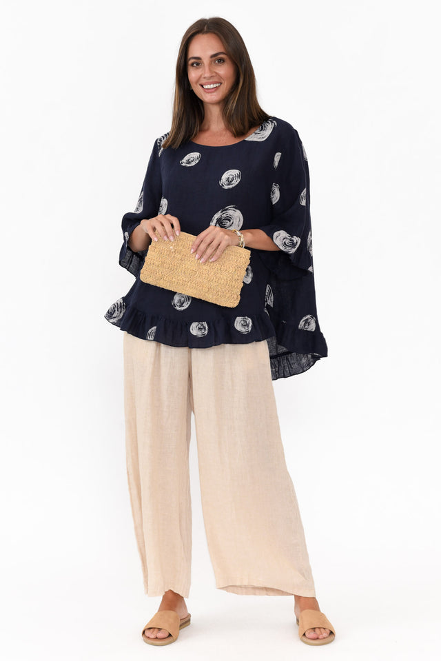 Fitzgerald Navy Spot Linen Frill Top