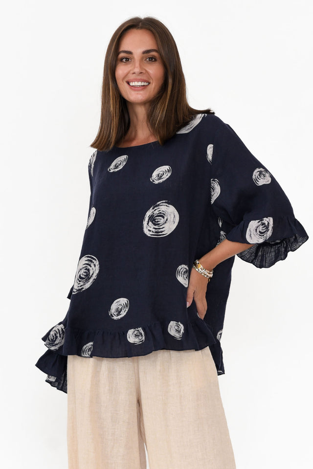 Fitzgerald Navy Spot Linen Frill Top