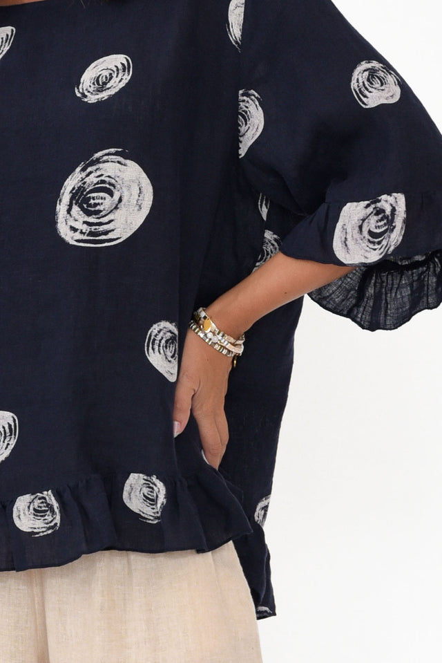 Fitzgerald Navy Spot Linen Frill Top