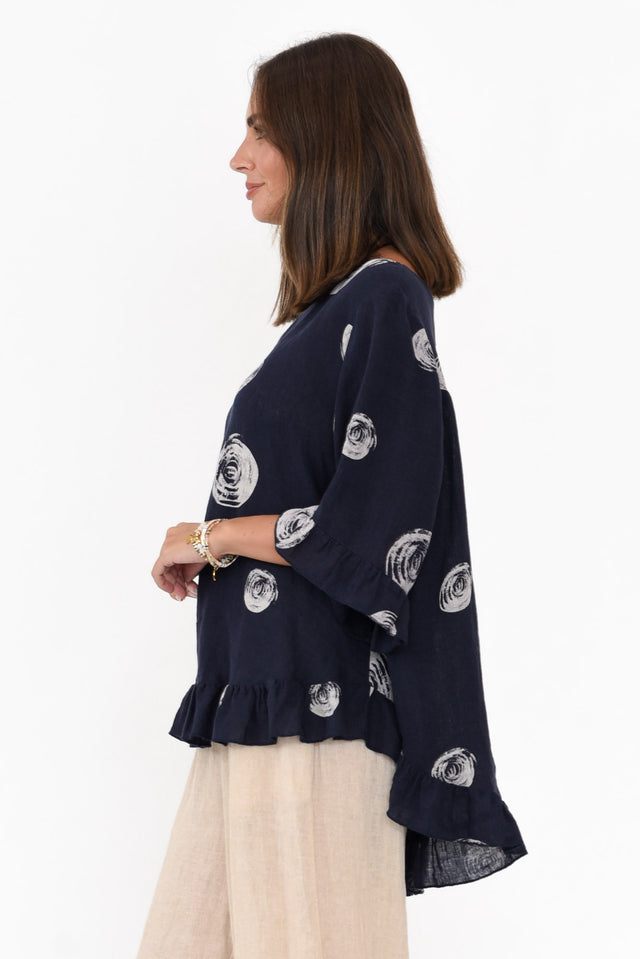 Fitzgerald Navy Spot Linen Frill Top