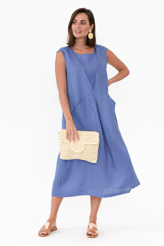 Jaden Blue V Flange Linen Dress  