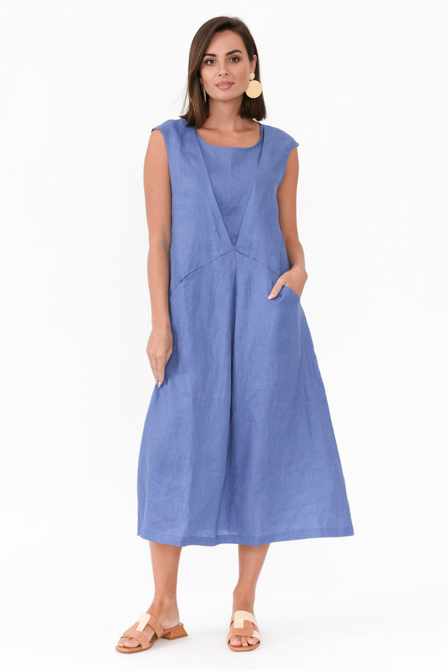 Jaden Blue V Flange Linen Dress