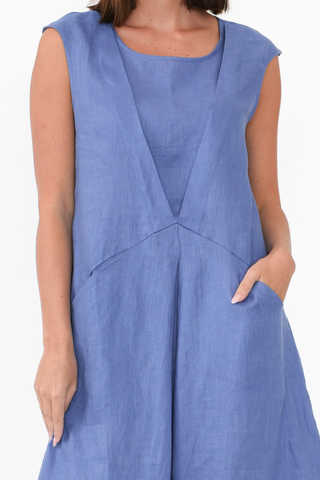 Jaden Blue V Flange Linen Dress