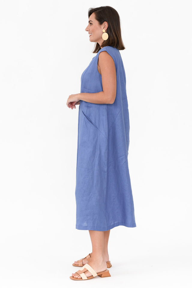 Jaden Blue V Flange Linen Dress