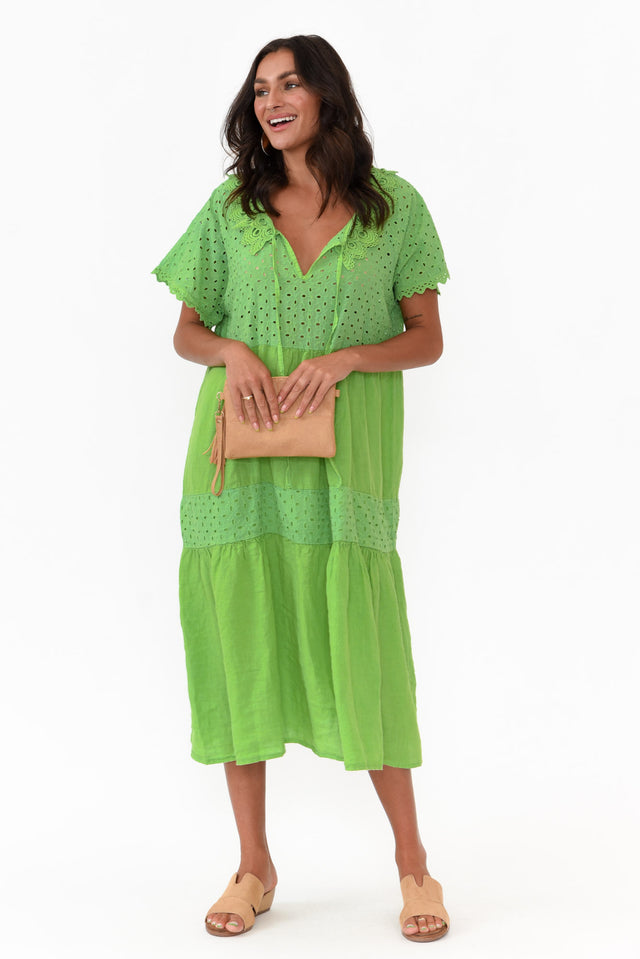 Larsa Green Linen Embroidered Collared Dress