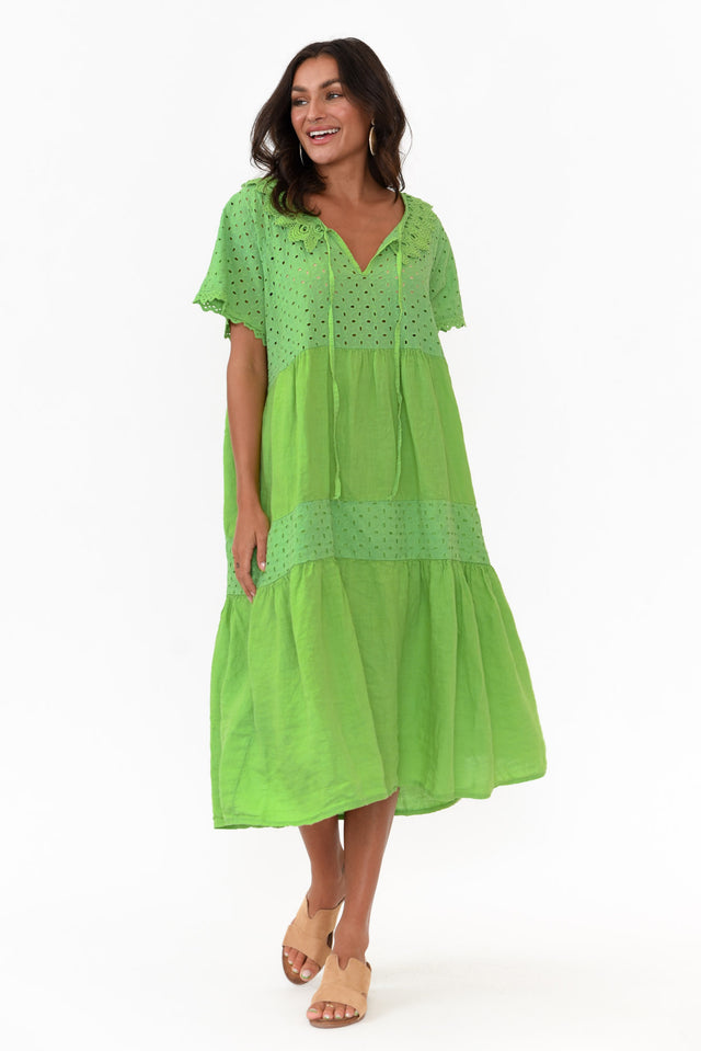 Larsa Green Linen Embroidered Collared Dress