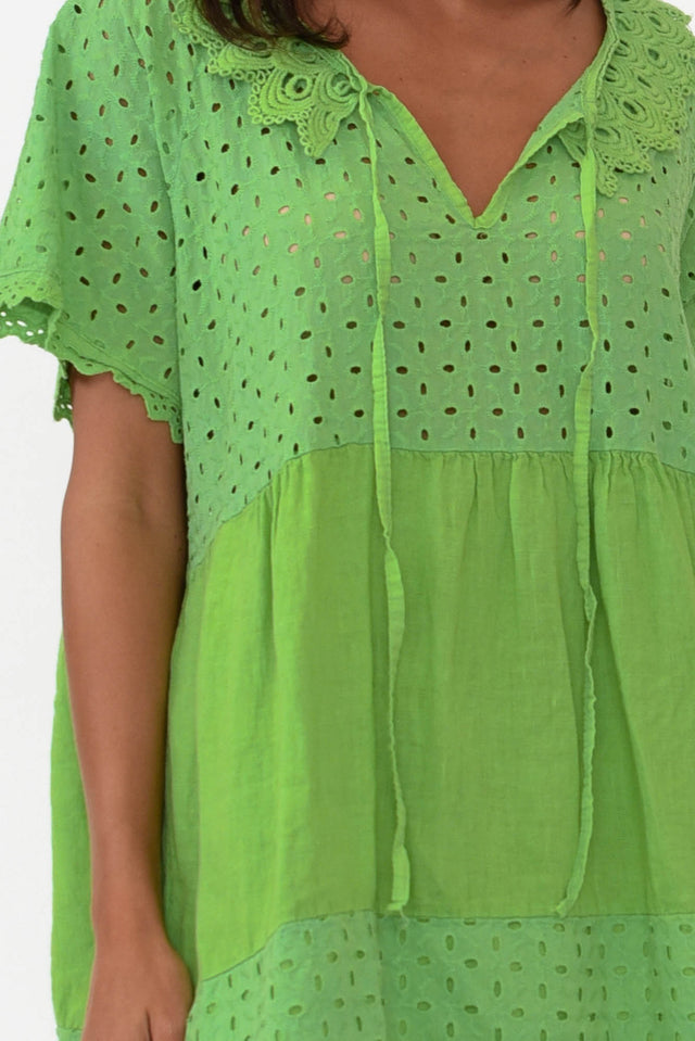 Larsa Green Linen Embroidered Collared Dress