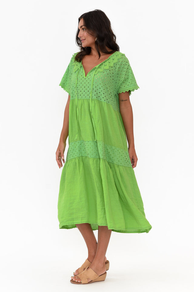 Larsa Green Linen Embroidered Collared Dress