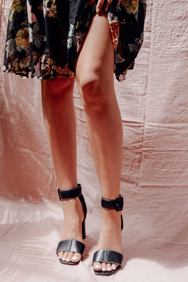 Lucinda Black Leather Buckle Heel