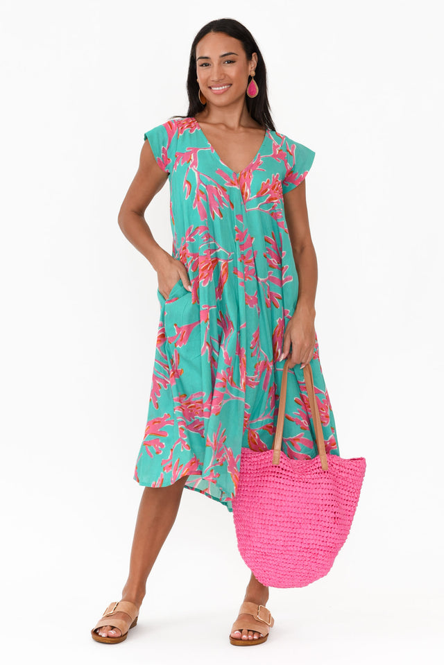 Maheno Turquoise Coral Cotton Dress  