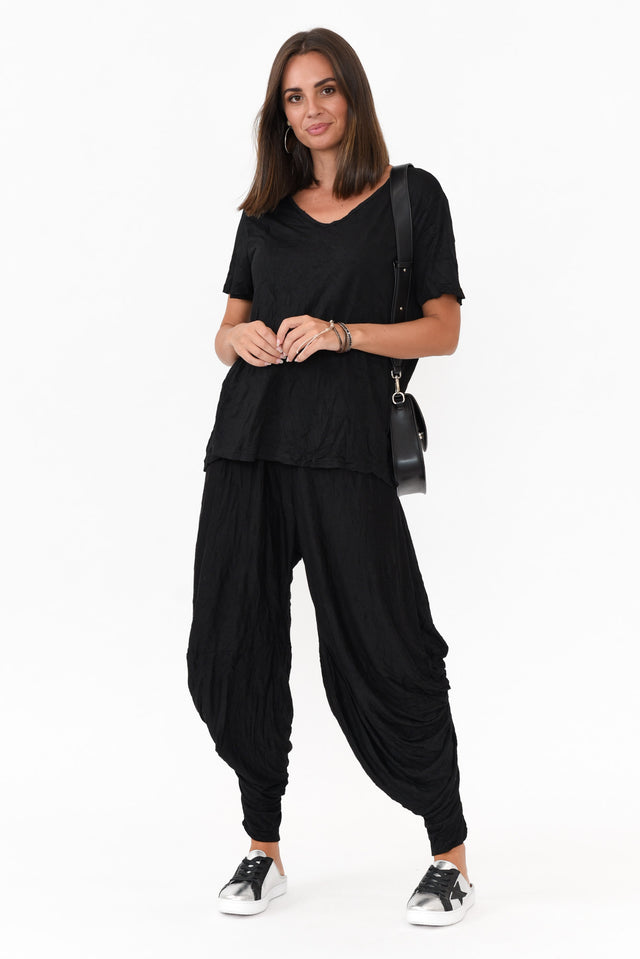 Marley Black Crinkle Cotton Short Sleeve Top