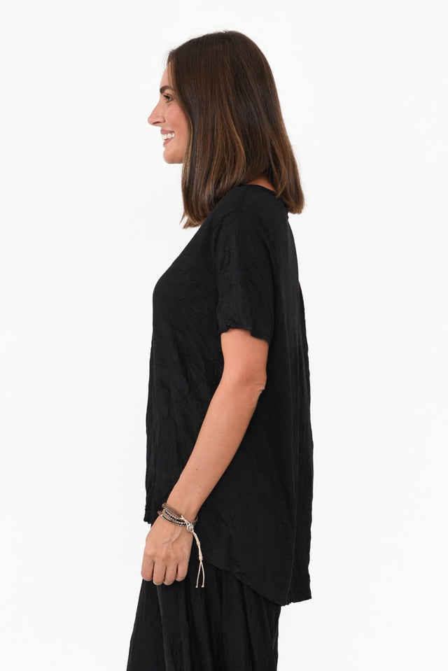 Marley Black Crinkle Cotton Short Sleeve Top