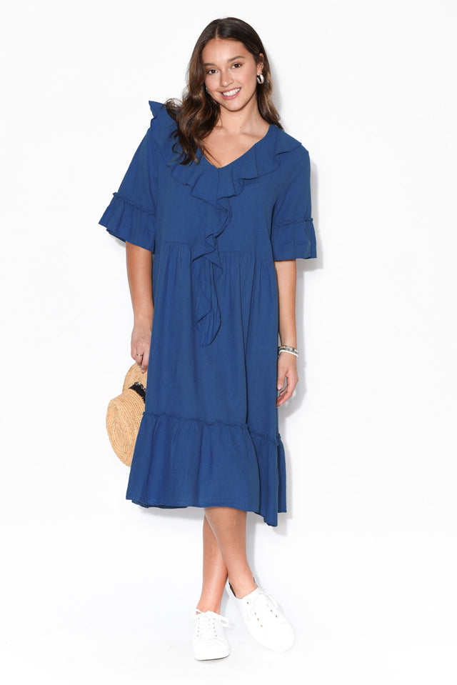 Ronnie Blue Linen Ruffle Dress   alt text|model:Milly;wearing:S
