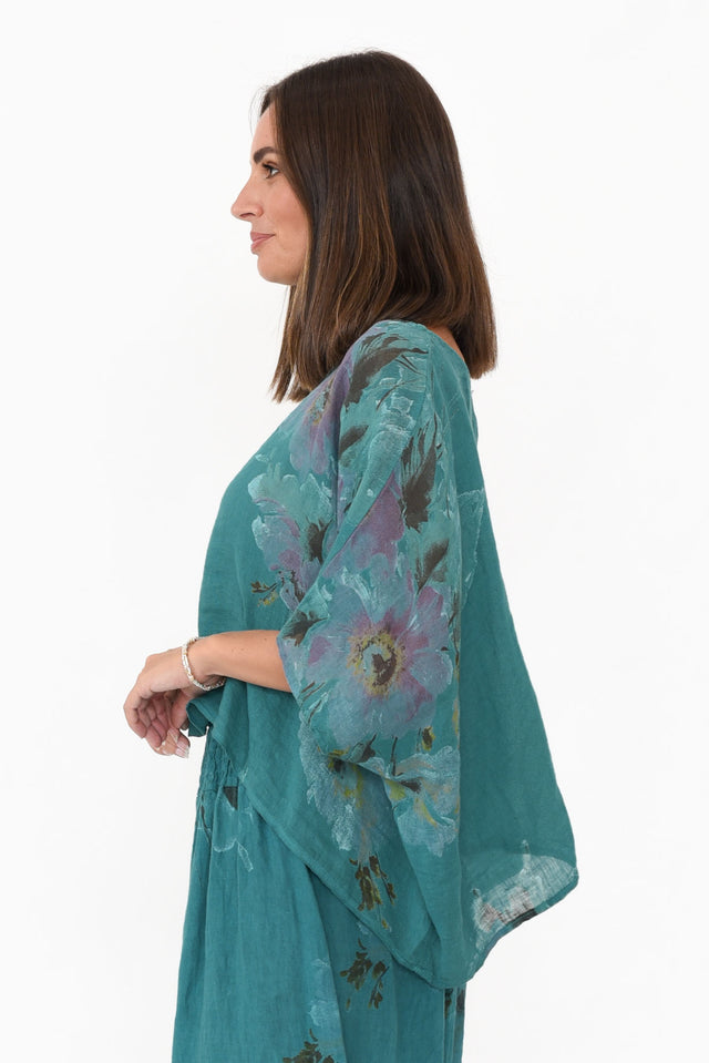 Turner Teal Floral Linen Scoop Neck Top