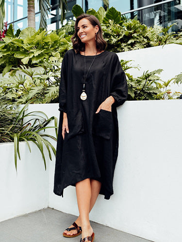 knee length dresses for ladies Pluto Black Linen Blend Maxi Dress main image 0