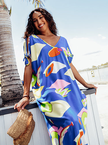 Lulu-B Pink & Blue Island Theme Dress with Half Sleeves & V Neck