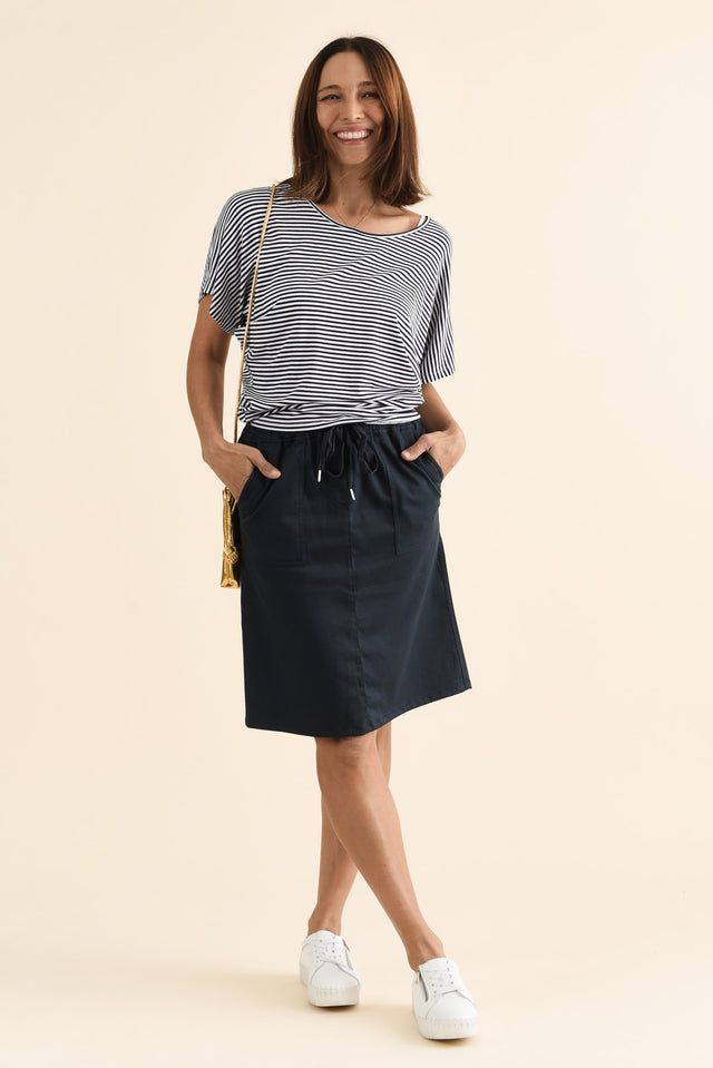 Abigail Navy Drawstring Skirt,brunette model,Full Outfit,alt text|model:Cara image 2