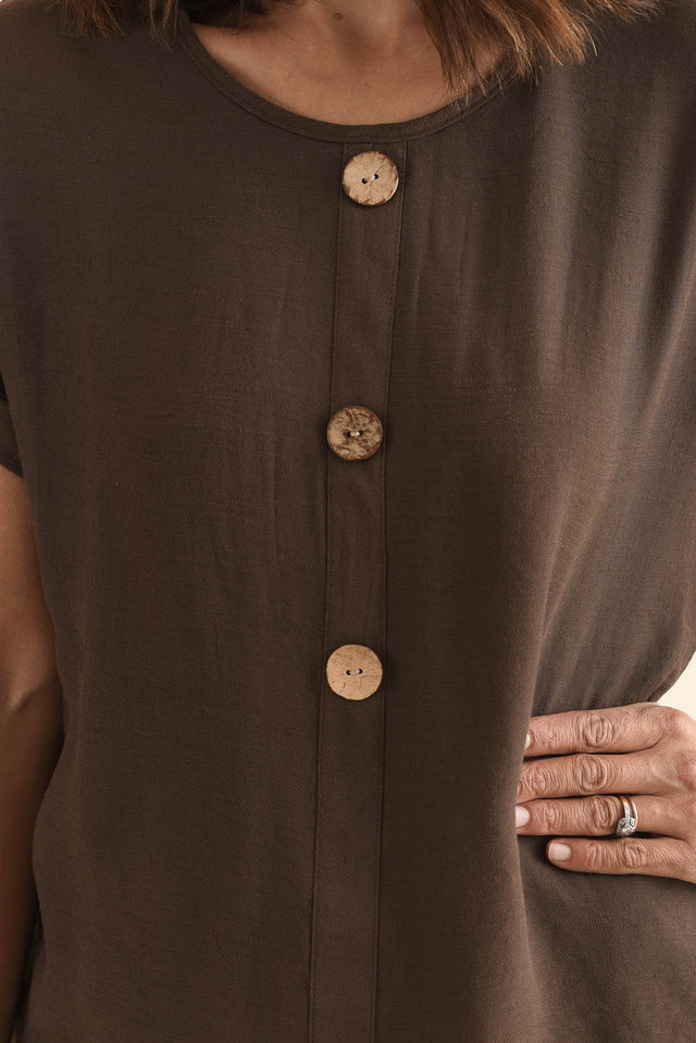 Abilene Chocolate Button Top,Detail,Brunette model,alt text|model:Cara image 5