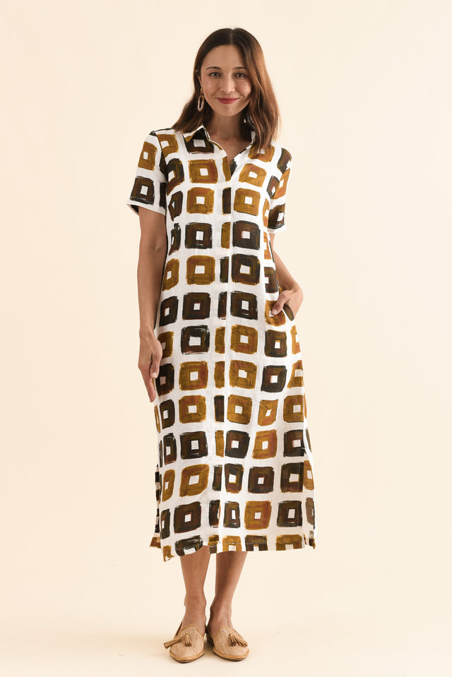 Abraham Orange Tile Linen Dress,Full Body,Brunette model,alt text|model:Cara image 2