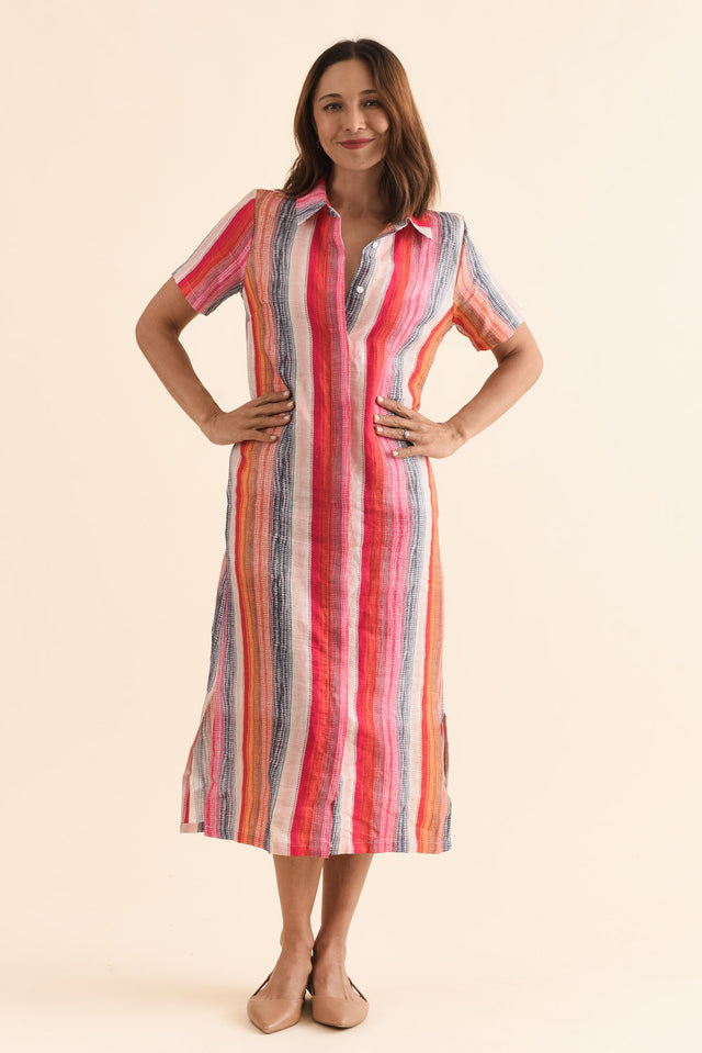 Abraham Red Stripe Linen Shirt Dress,Full Body,Brunette model,alt text|model:Cara image 6