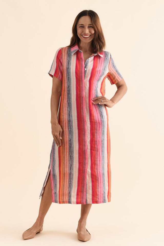 Abraham Red Stripe Linen Shirt Dress,Front,Brunette model,alt text|model:Cara image 1