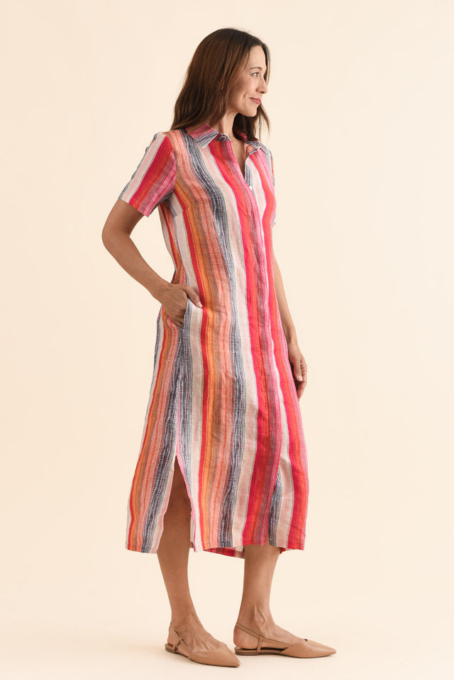 Abraham Red Stripe Linen Shirt Dress,Side,Brunette model,alt text|model:Cara image 3