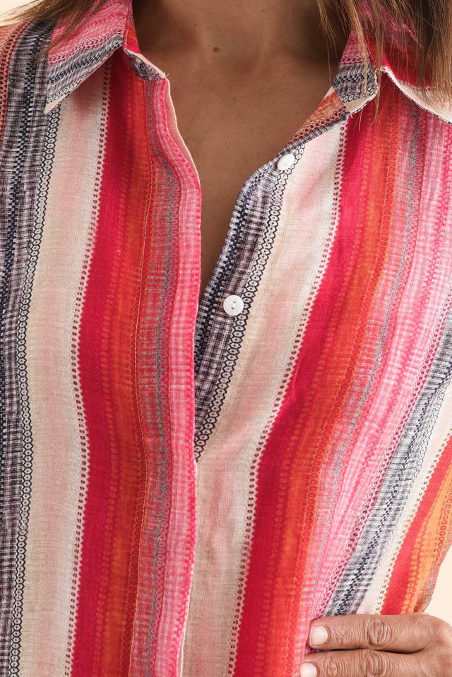 Abraham Red Stripe Linen Shirt Dress,Detail,Brunette model,alt text|model:Cara image 5