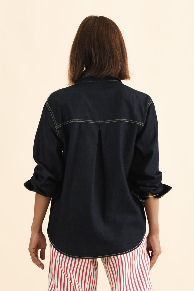 Abriella Dark Blue Denim Shirt,Brunette model,alt text|model:Cara image 5