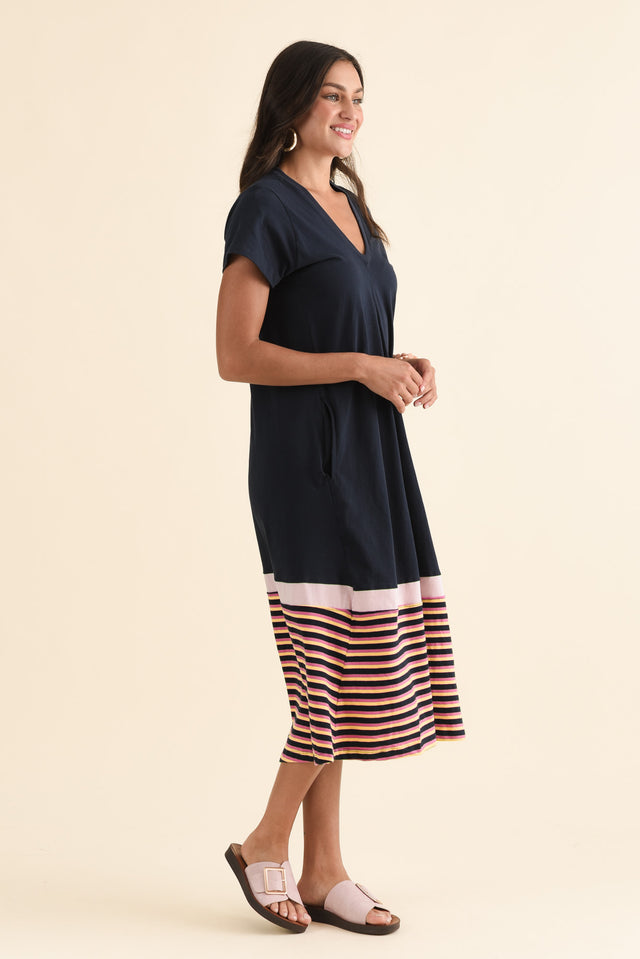 Acai Navy Split Cotton T-Shirt Dress,Full Body,Brunette model,alt text|model:Brontie image 2