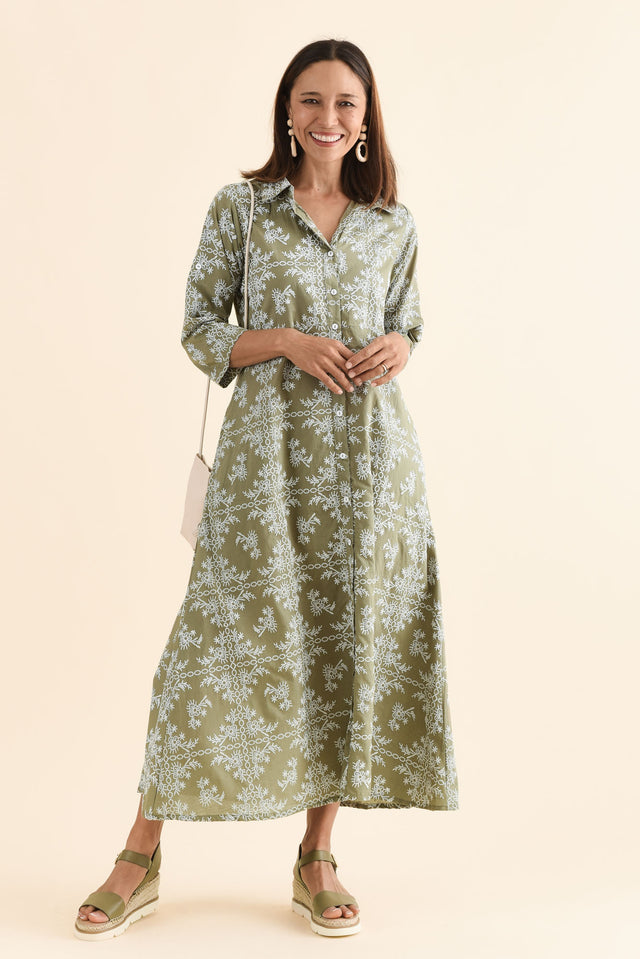 Acala Khaki Cotton Embroidered Dress,Full Body,Brunette model,alt text|model:Cara image 6