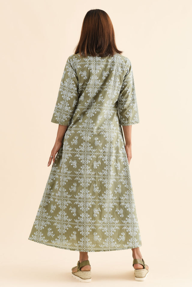 Acala Khaki Cotton Embroidered Dress,Back,Brunette model,alt text|model:Cara image 4