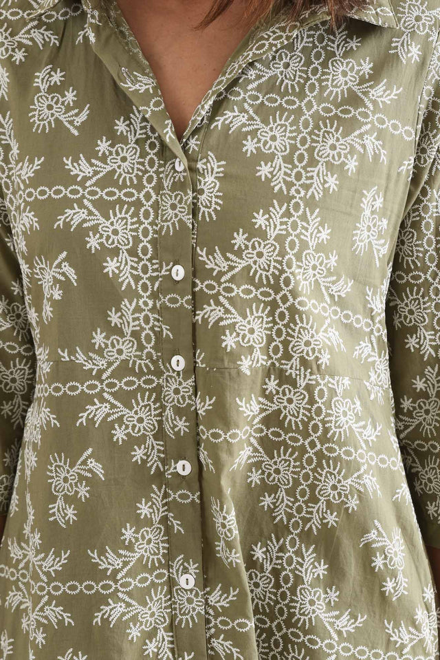 Acala Khaki Cotton Embroidered Dress,Detail,Brunette model,alt text|model:Cara image 5